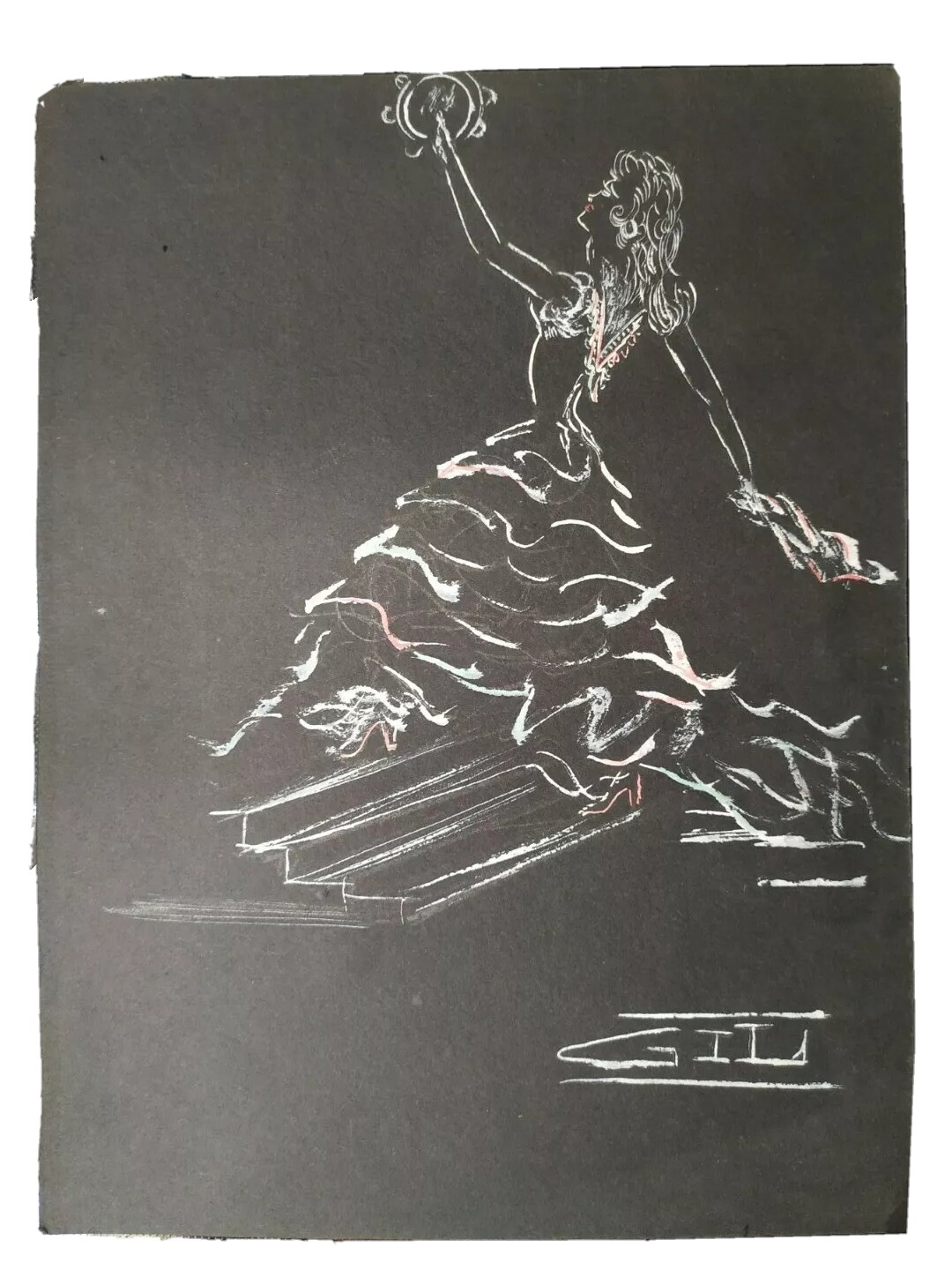 BONITO DIBUJO / ACUARELA DE UNA FLAMENCA CON PANDERETA firmado GIL 237x178mm