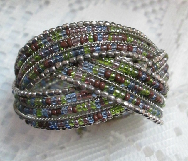 Braided Beaded Memory Wire Coil Cuff Bracelet Silver Brown Green Blue