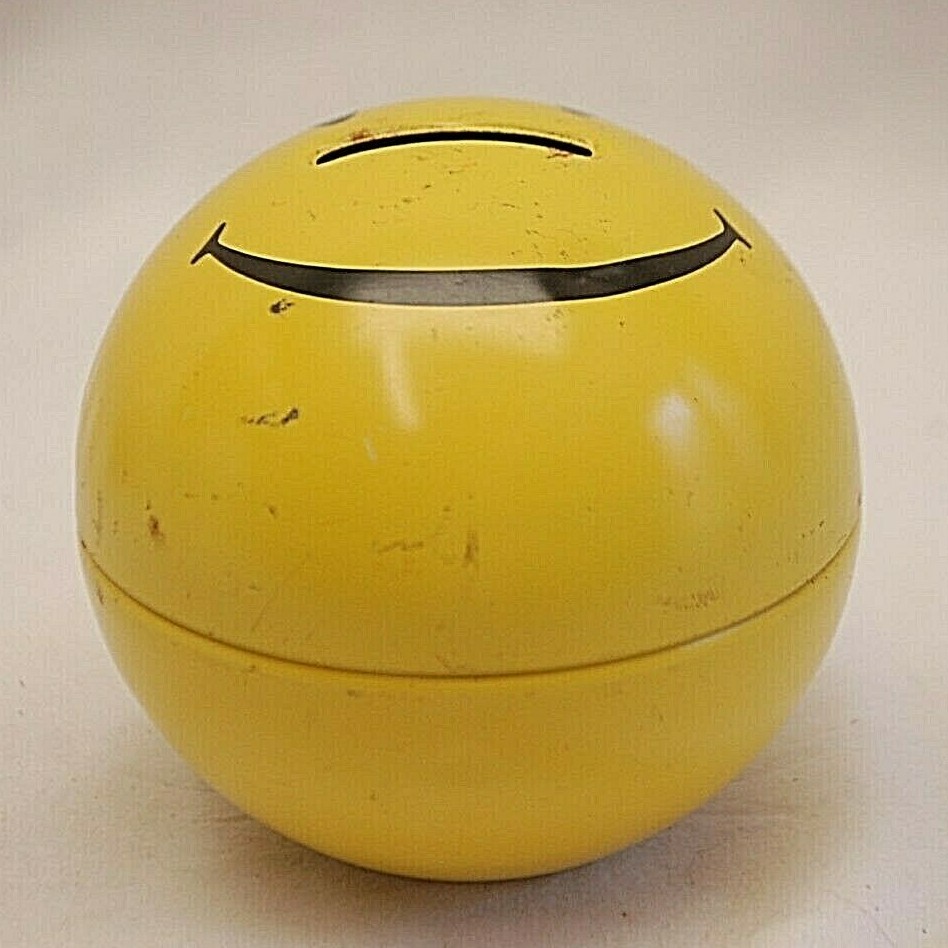 Yellow Happy Smiley Face Emoji Coin Money Piggy Bank Metal Tin