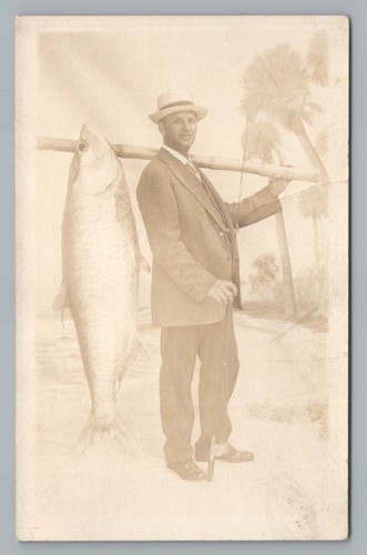 Boater Hat Man w Giant Fish RPPC 