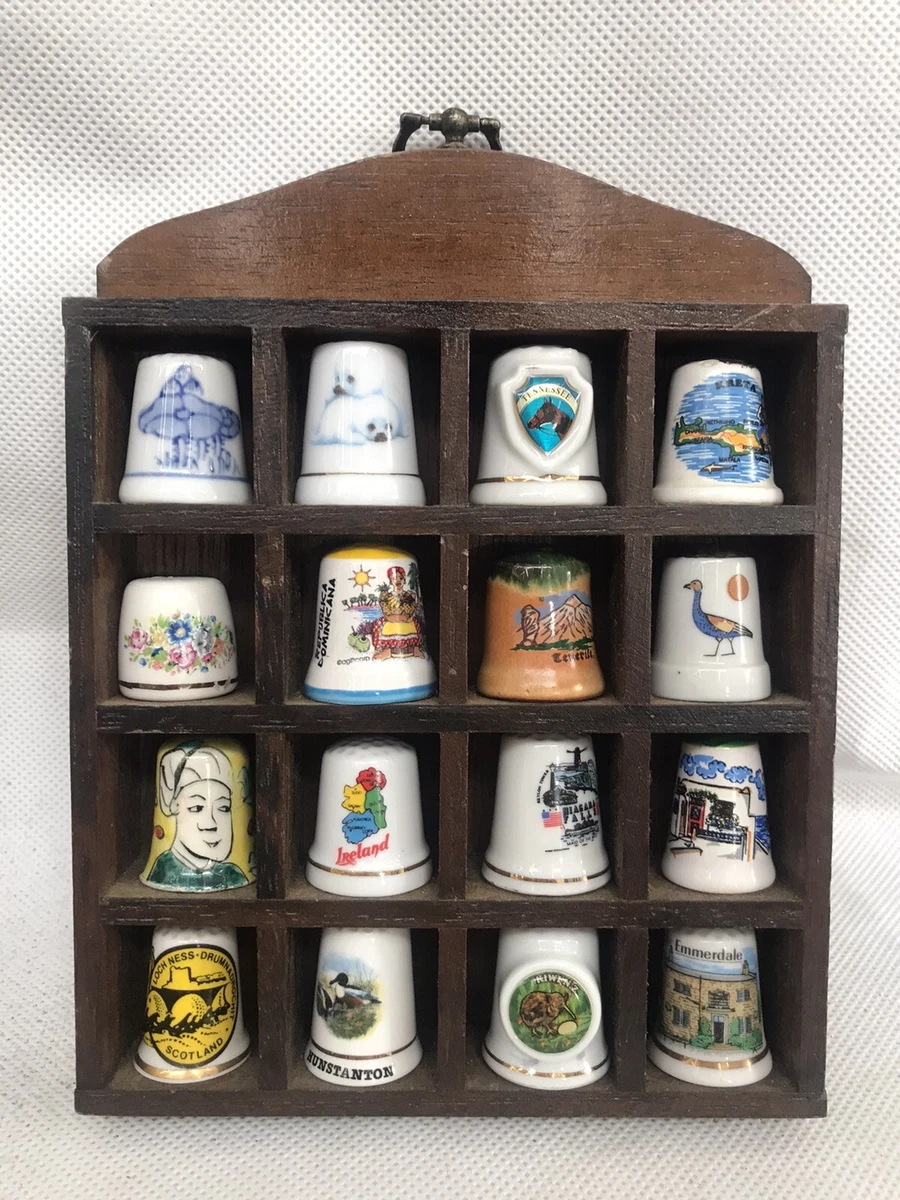 Thimble Display Case With 16 Thimbles Wooden Well Made Unique Lot