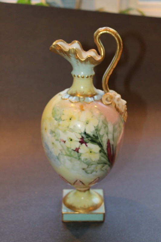 ANTIQUE PORCELAIN HAND PAINTED FLORAL FOOTED SIGNED EWER VASE