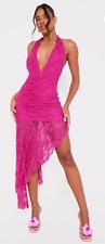 Magenta Lace Plunge Neck Ruched Asymmetric Hem Midi Dress Size 12