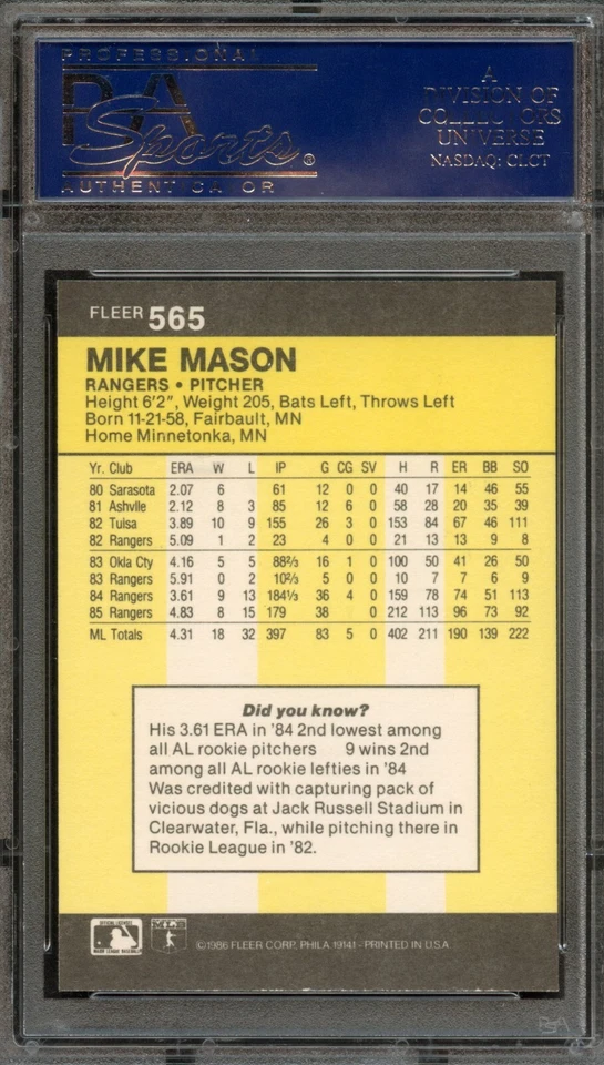 BB - 1986 - Fleer - #565 - Mike Mason - PSA 10 - GEM-MT - Image 2 of 2