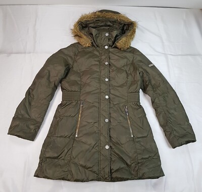Karl Legerfeld GRÖSSE M 12 UK DAMEN KHAKI DAUNEN GEFÜLLT GEFÜTTERTE JACKE GEBROCHENER REISSVERSCHLUSS