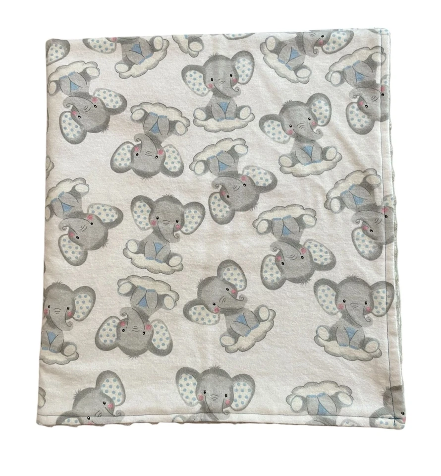 Manta bebé Minky de franela hecha a mano elefantes azules y grises Foto 3 de 4