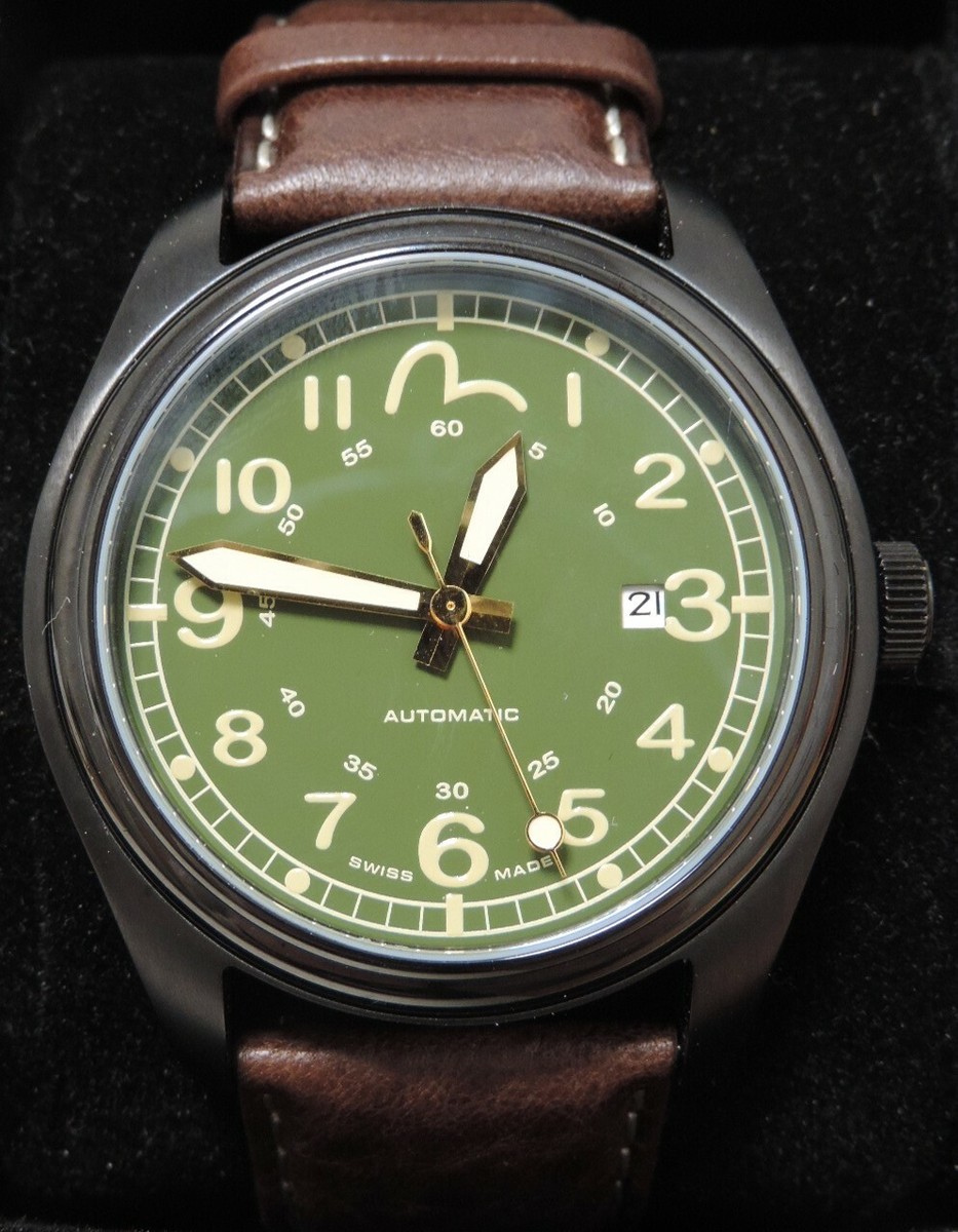 Evisu Watch Self-Winding EV-7002 Swiss Made Green Face Brown Strap