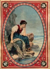 Fisher woman - print decal sticker trunk liner paper chest steamer vintage old