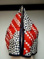 VTG Polka Dots 12 1/2 x 44 1/2 Long Scarf Fan Scallop Red Navy Blue White EUC