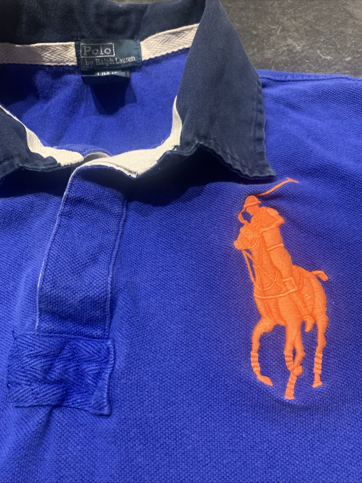 Polo Ralph Lauren Camicia Big Pony Ragazzo Y2K Blu Arancione L 14 16 Polo S S
