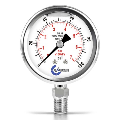 2-1/2'' Pressure Gauge, ALL STAINLESS STEEL, Liquid Filled, Lower Mnt, 100 Psi