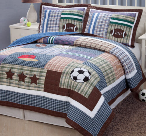 BOYS SPORTS 2pc Twin QUILT SET : PIECED BLUE FOOTBALL SOCCER BASEBALL PLAID - Picture 1 of 2