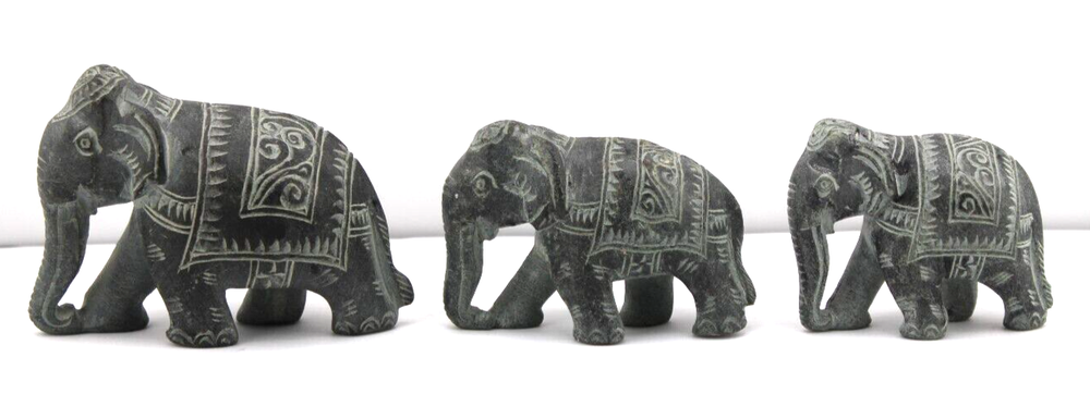Antique Asian Elephant Soapstone Hand Carved Sculptures Set of 3 Elephants