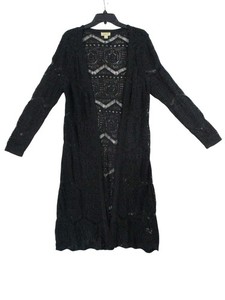 OneWorld BOHO Black Crochet Open Front Whimsy goth Long Cardigan  Women M