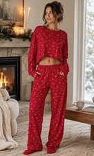 SKIMS New Red Fair Isle Reindeer Logo Modal Long Sleeve Pajama Set Large Stretch