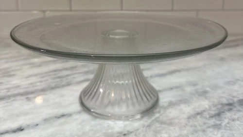 Vintage Anchor Hocking Monaco Ribbed Glass 11" Cake Stand With Frosted Plate