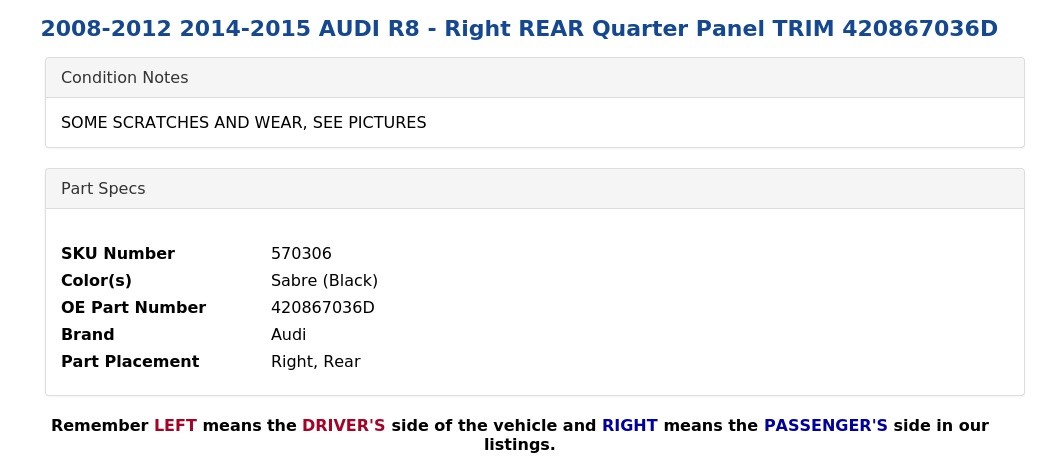 Audi R8 2008-2012 Rear Right Quarter panel trim P/N 420867036D