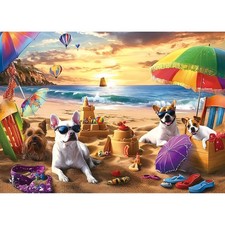1000 Piece Puzzle Summer Beach Dogs Dog Party with Sandcastles Umbrellas,...