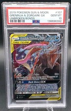 2019 POKEMON SUN & MOON UNBROKEN BONDS #107 GRENINJA & ZOROARK GX PSA 10