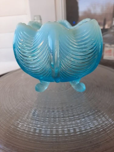 Fenton Art Glass Blue Opalescent Drape or Drapery Footed Rose Bowl Vase