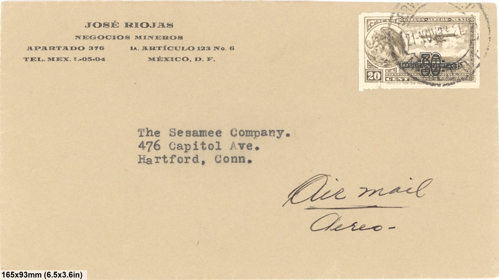 1930s Mexico Airmail Cover To Hartford Connecticut USA 30c Overprint