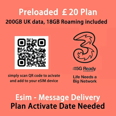 UK Europe 30days Prepaid eSIM with 200GB Unlimited call and text no shipping