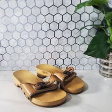 Vintage Dr. Scholl Womens Wooden Sandal Clog Shoes Natural Wheat Tan Size 5