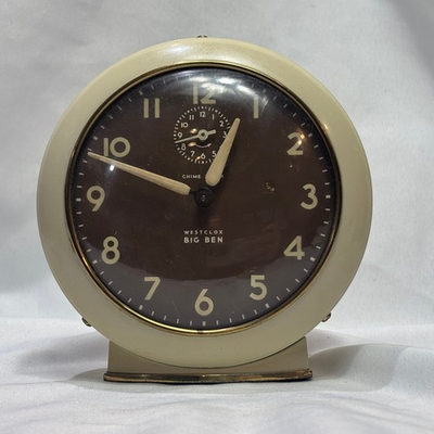 #ad Vtg Westclox Big Ben Wind Up Alarm Clock Cream Colored W Brown Dial $89.95