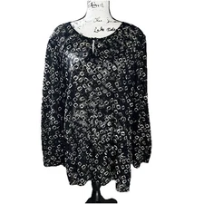 Chicos Chiffon Sheer Blouse Women 3 Size XL Shirt Black Tan Geometric Print Top