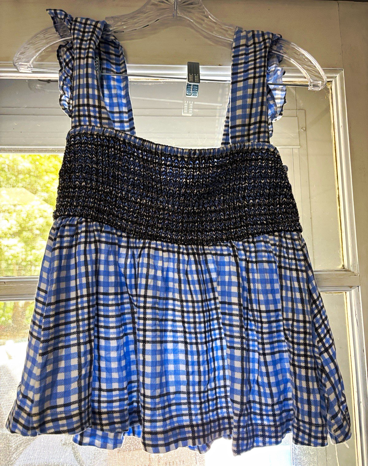Urban Outfitters Plaid Blue Smocked Ruffle Square Neck Peplum Blouse Womens M