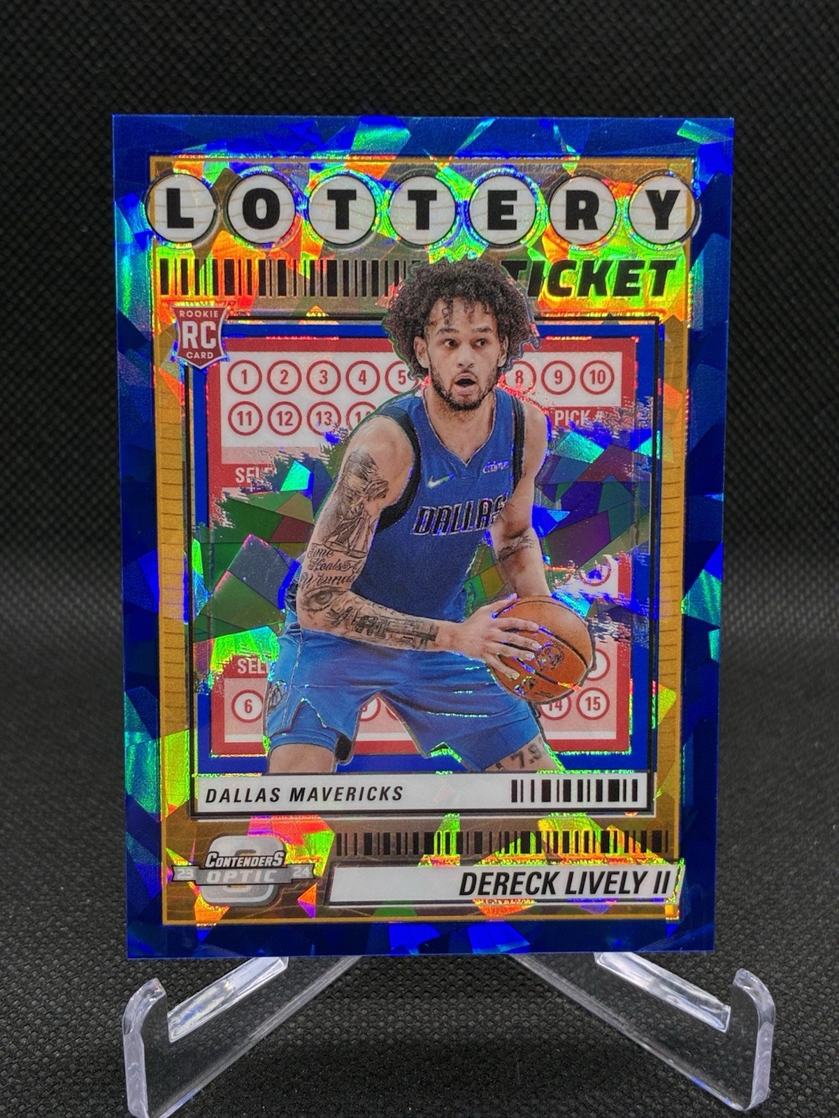 2023-24 Panini Contenders Optic Dereck Lively II Lottery Ticket Blue Ice RC /75