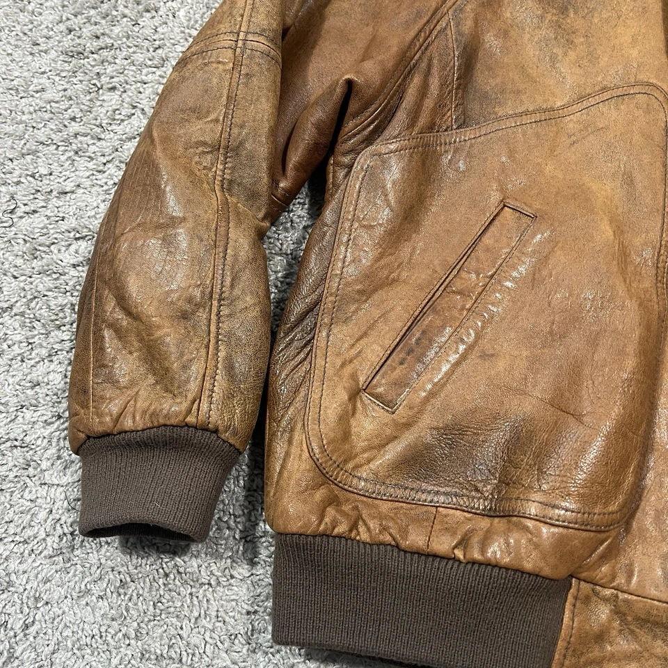 Chaqueta de cuero bombardero forrada con manta azteca marrón contexto vintage años 80 para hombre mediana Foto 4 de 4
