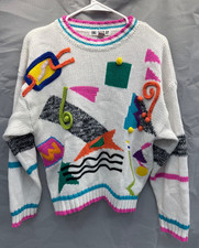 Vintage 80s One Step Up White Colorful Sweater Size Small