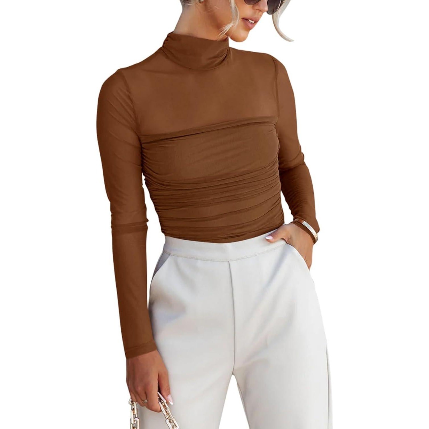 Reoria Womens Large Rust Brown Ruched Mesh Mock Neck Long Sleeve Bodysuit NWT