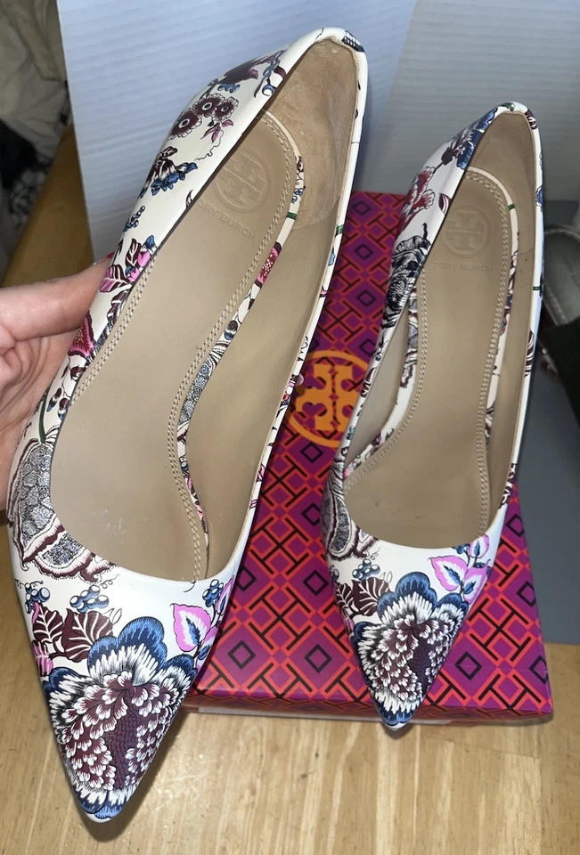 Tory Burch Elana 85 毫米花卉快乐时光象牙色纳帕皮革高跟鞋 7.5 码 — 第 2/4 张图片