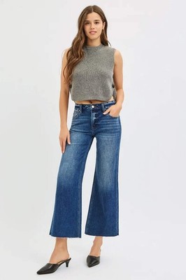 RISEN Mid Rise Crop Wide Raw Cut Hem Jeans