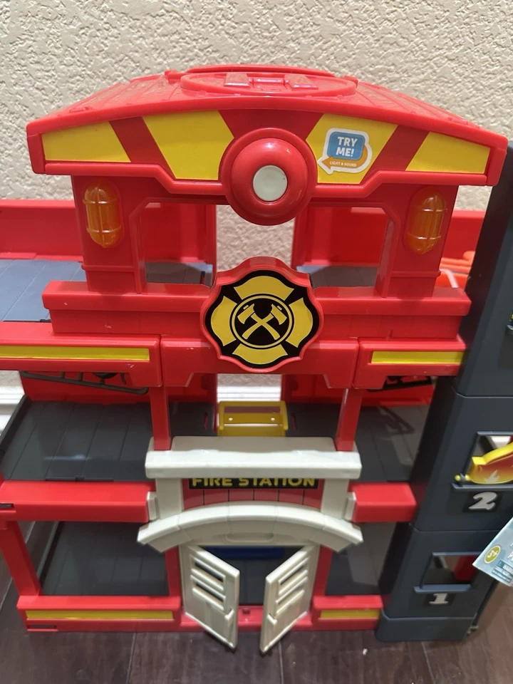 Kids Toy Fire Station Playset Red Gray Doors Lights Sound Action Pretend Play - Image 3 of 4