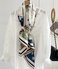 Mulberry Silk Scarf Shawl Wrap in Blue White Locomotion Print X-Large 140/53x53”