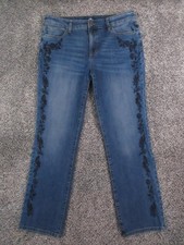 St Johns Bay Jeans Womens 12 Blue Straight Leg Floral Embroidered Denim 34x30