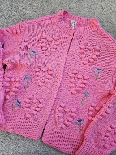 River Island Pink Embroidered Heart Bobble Chunky Knit Cardigan, Size M, 12-14 - Picture 2 of 5