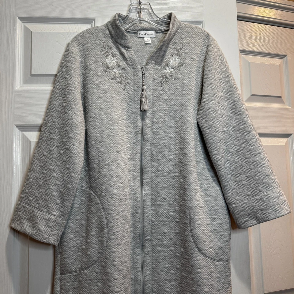 Miss Elaine Zip Up Robe Embroidered Gray Tassel Housecoat Quilted Cottage Cozy M - Image 2 of 4