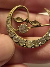 Antique Victorian Paste Crescent Moon With Flower Brooch Pinchbeck
