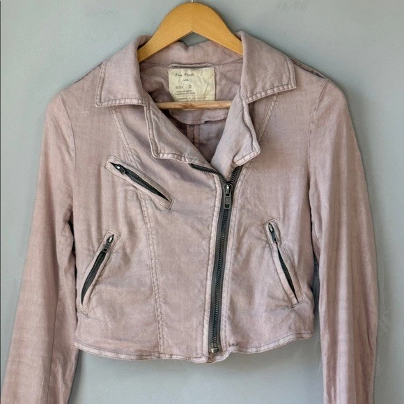 Chaqueta Free People Slub Rosa Lavanda Lino Recortada Moto Cremallera Talla 2 Foto 2 de 4