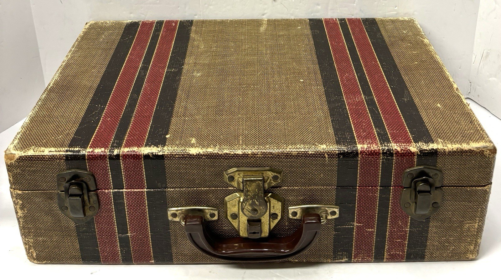 Vintage 1940s Hard Paperboard Striped Luggage Case Hard Shel