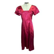 Vintage 1990s Cranberry Satin Regency Style Gown Dress Bow Back Maxi Medium