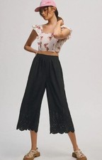 By Anthropologie Wide-Leg Eyelet Crop Pants Black Embroidered Pocket New S 6