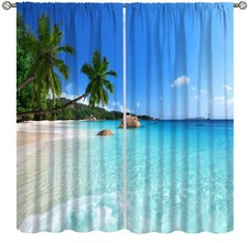 Ocean Beach Curtains Tropical Palm Trees Blue Sky Reef Beautiful Seaside View...