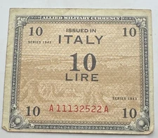 1943 Italy 10 Francs - WWII Allied Military Currency - Italian Note - Ships Free