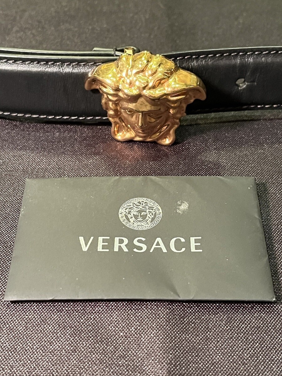 VERSACE GOLD 3D LA MEDUSA ITALIAN PALAZZO BLACK LEATHER BELT 85cm