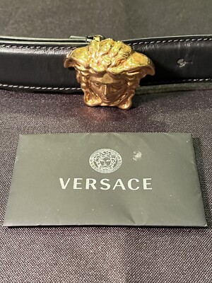 VERSACE GOLD 3D LA MEDUSA ITALIAN PALAZZO BLACK LEATHER BELT 85cm